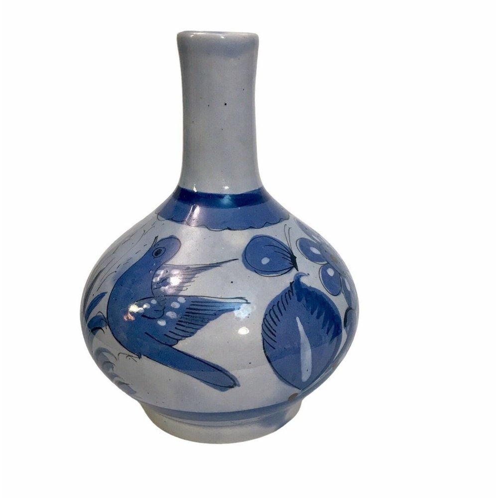 Vintage Tonala Mexican Pottery Vase Blue Birds Butterflies Floral 8.5" Signed VG - Picture 7 of 13
